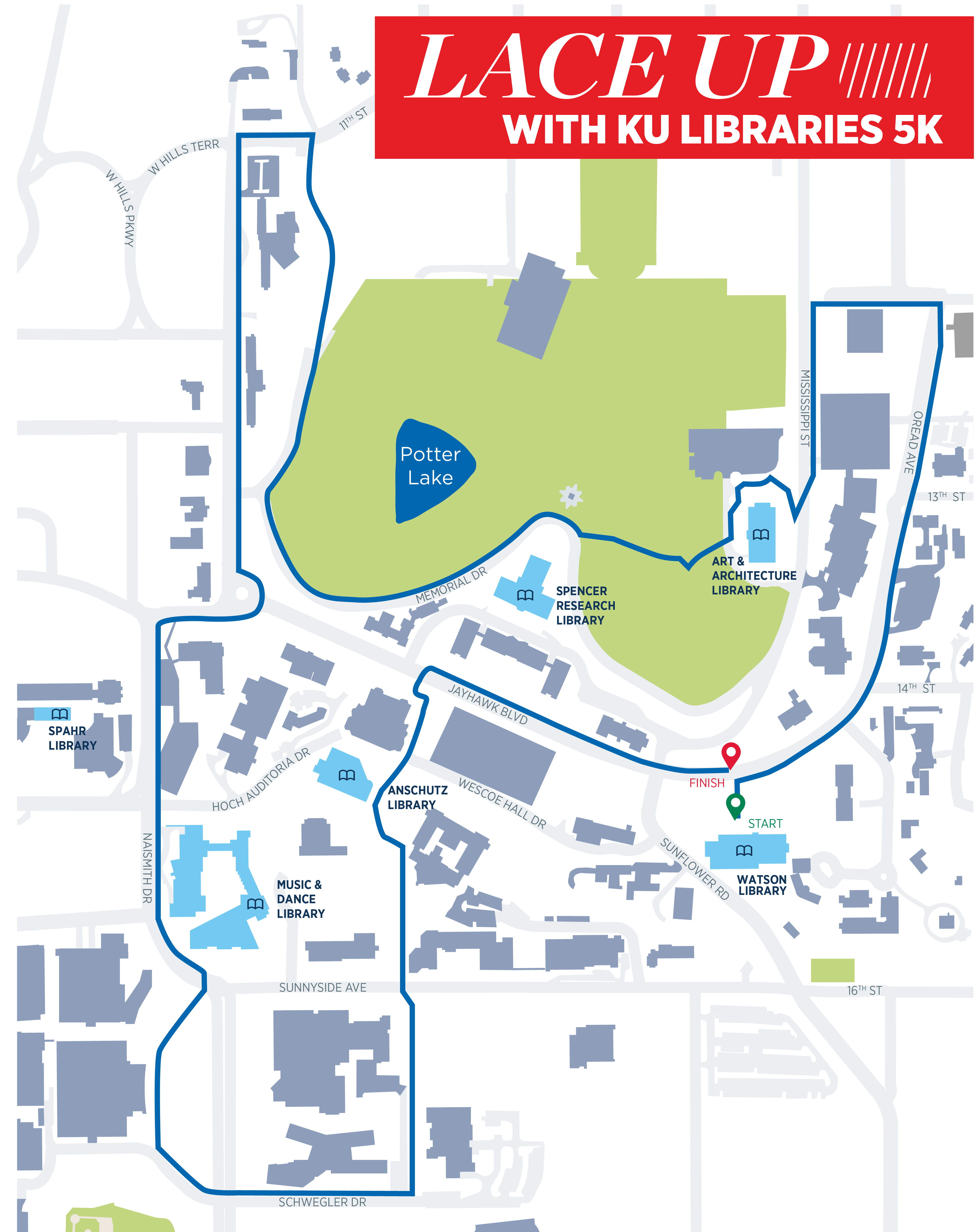 "Lace Up with KU Libraries 5K map"