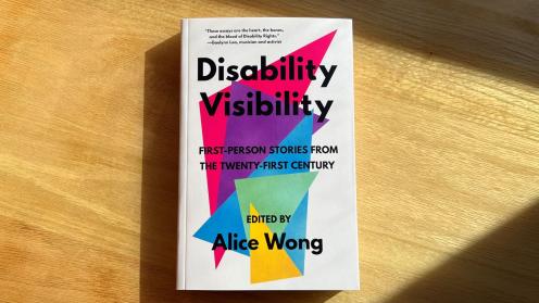 A copy of Disability Visibility on a table in the sunlight 
